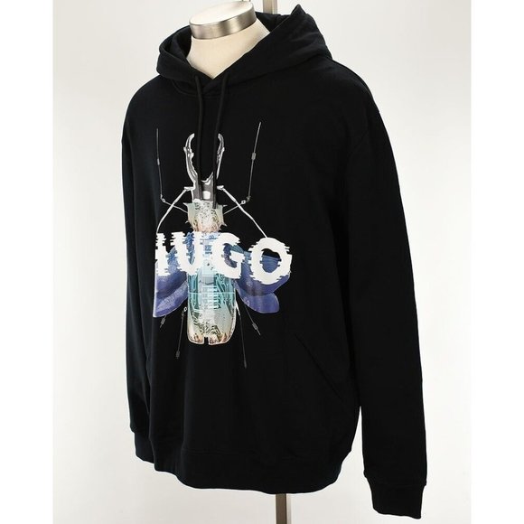 HUGO BOSS Mens Black DYBERBUG Graphic Cotton Terry Hoodie Sweatshirt XL NWT